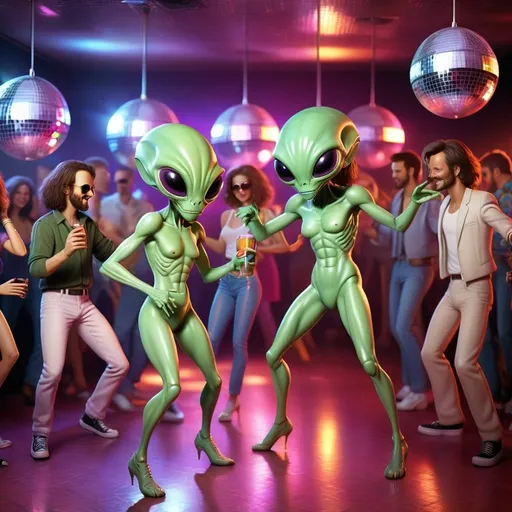 Prompt: Realistic Aliens dancing in a 90s disco dance club, Disco ball, dance floor, clothing, happy, drinking fireball