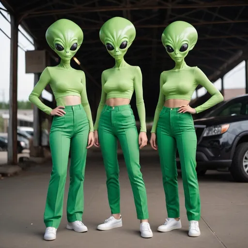 Prompt: three female green aliens in high waisted pants and tops