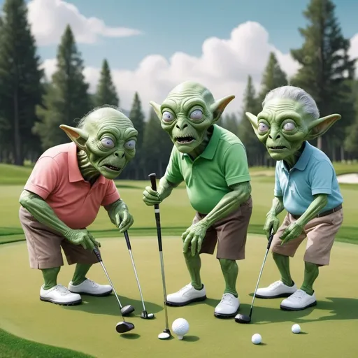 Prompt: hyper-realistic senior Aliens playing golf, putting green, green grass, fantasy character art, illustration, 