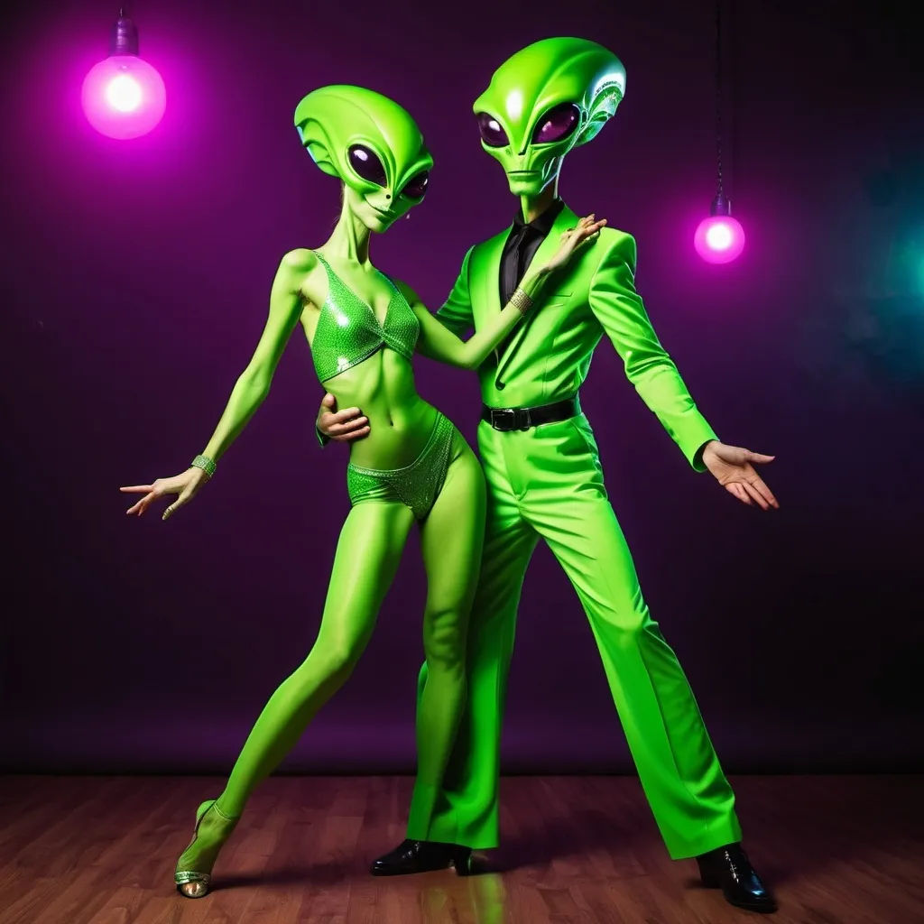 Prompt: green alien couple in latin style clothing salsa dancing in a disco