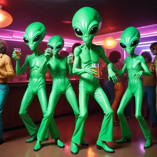 Prompt: middle age green aliens with 70s clothing dancing and drinking in an alien disco