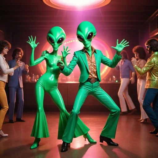 Prompt: middle age green alien couple with 70s clothing dancing like Saturday Night Fever in an alien disco