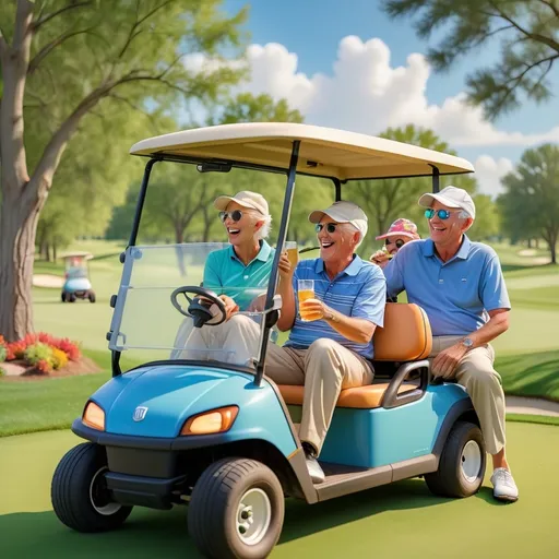 Prompt: middle aged adults at golf cart party, chairs, drinking, talking, green grass, trees, blue sky, 