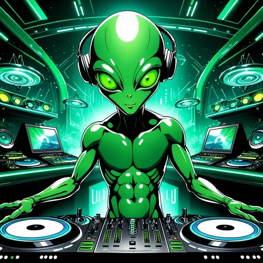 Prompt: Detailed anime illustration of a handsome friendly alien DJ, aliens dancing, vivid shades of green, futuristic sci-fi setting, intricate alien features with large expressive eyes, professional DJ setup, high-tech equipment, UFO, futuristic nightclub in the background, high resolution, ultra-detailed, anime, sci-fi, detailed eyes, futuristic, confident, vivid green, professional, atmospheric lighting