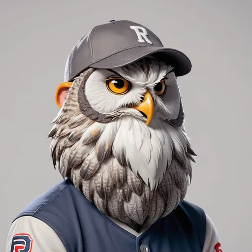 Prompt: Owl with grey bearded man head wearing a baseball cap with an R on it
