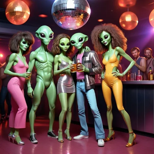 Prompt: Realistic Aliens in a 90s disco dance club, Disco ball, dance floor, clothing, happy, drinking fireball  whiskey