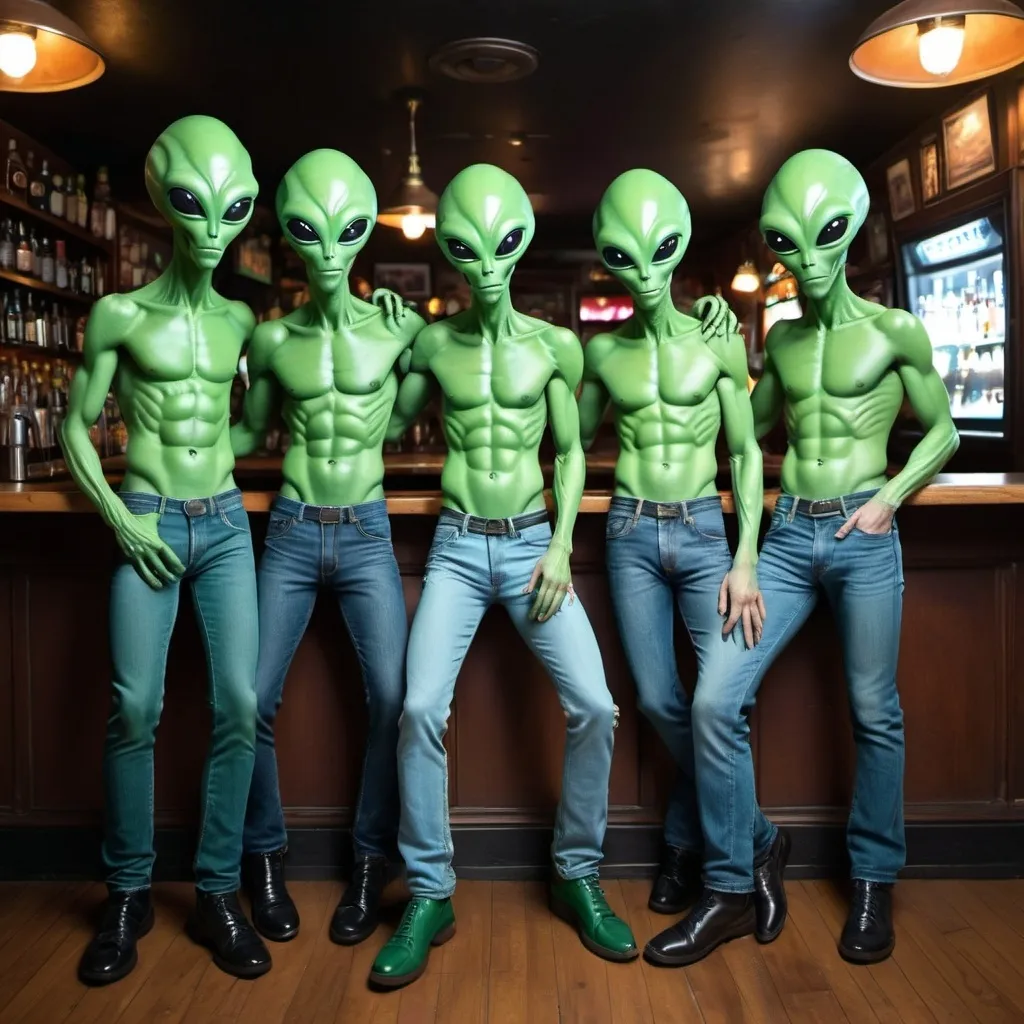 Prompt: entirely green male aliens in jeans at a bar