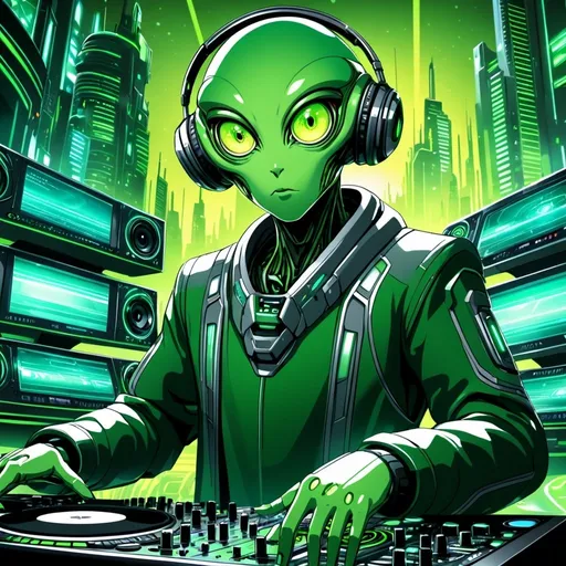 Prompt: Detailed anime illustration of a confident alien DJ, vivid shades of green, futuristic sci-fi setting, intricate alien features with large expressive eyes, professional DJ setup, high-tech equipment, futuristic cityscape in the background, highres, ultra-detailed, anime, sci-fi, detailed eyes, futuristic, confident, vivid green, professional, atmospheric lighting