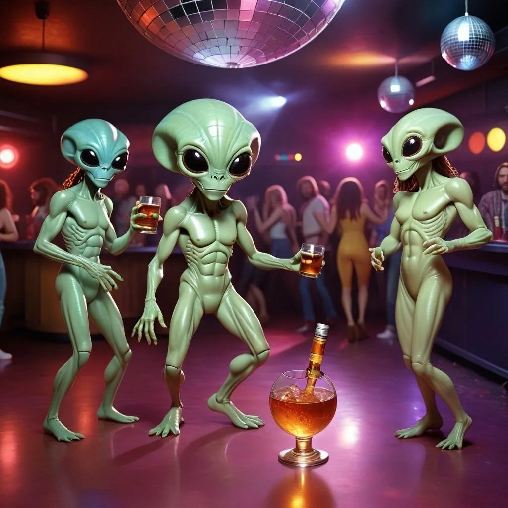 Prompt: Realistic Aliens in a 90s disco dance club, Disco ball, dance floor, drinking fireball whiskey