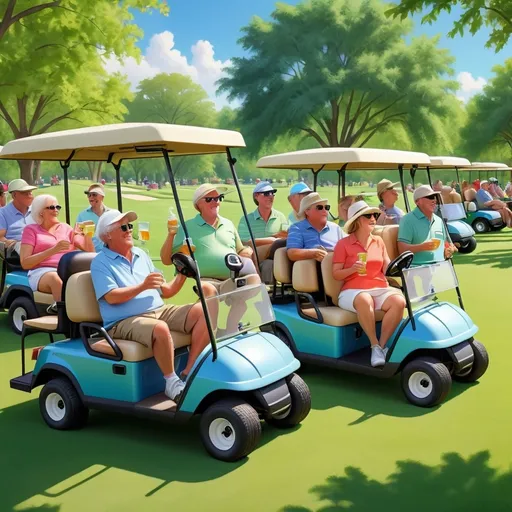 Prompt: middle aged adults at party, many (golf carts), people in chairs, (drinking, talking), (green grass), trees, blue sky, vibrant colors, cheerful atmosphere, sunny weather, detailed background with lush foliage, photorealistic, high quality, 4K, ultra-detailed