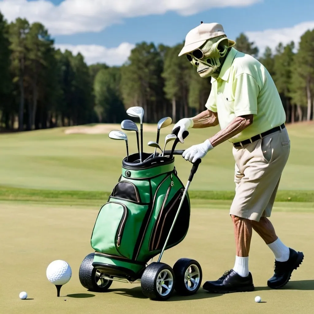 Prompt: old alien golfer pushing golf bag on wheels