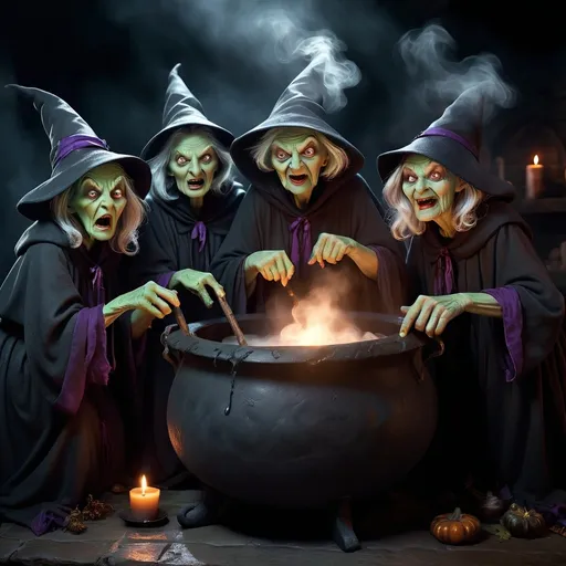Prompt: ugly old Witches around a cauldron 
