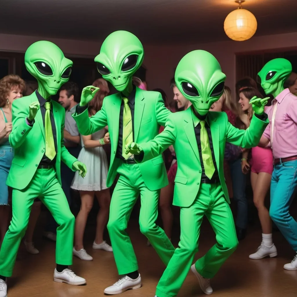 Prompt: Green Aliens in 80s clothes dancing at a party