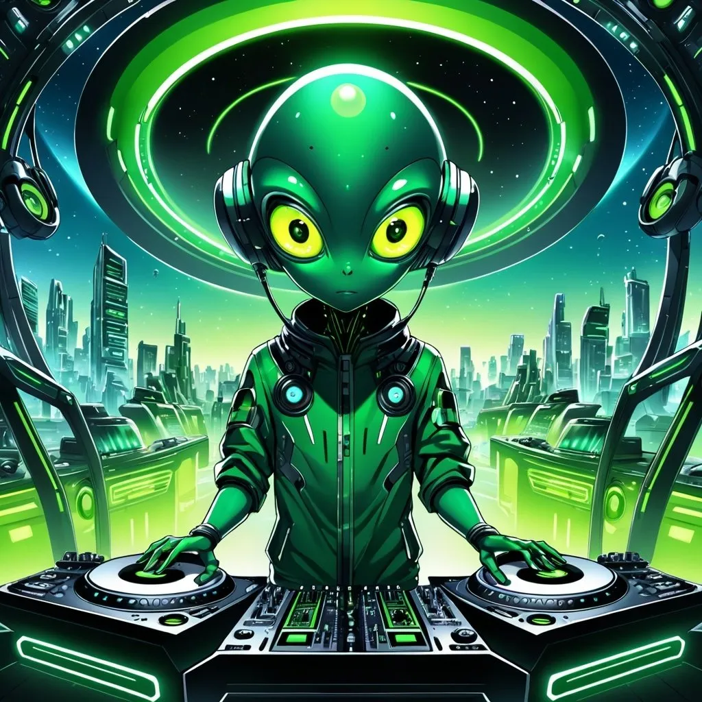 Prompt: Detailed anime illustration of an energetic alien DJ, vivid shades of green, futuristic sci-fi setting, intricate alien features with large expressive eyes, professional DJ setup, high-tech equipment, UFO, futuristic cityscape in the background, high resolution, ultra-detailed, anime, sci-fi, detailed eyes, futuristic, confident, vivid green, professional, atmospheric lighting