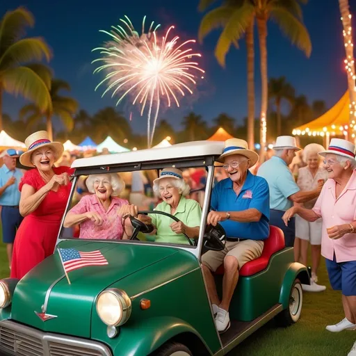 Prompt:  4th of July celebration featuring dancing seniors, dazzling fireworks, lush green grass, towering palm trees, a spread of food, cruising golf carts, and a DJ, all captured in high quality. The scene is festive, vibrant, and colorful with a detailed, vintage-style environment. Warm tones and vibrant colors contribute to a festive and energetic atmosphere. Characters are detailed and dynamic, embodying a traditional American celebration with lively seniors, colorful fireworks, a tropical backdrop, a delicious BBQ spread, and retro vibes, all under professional lighting.