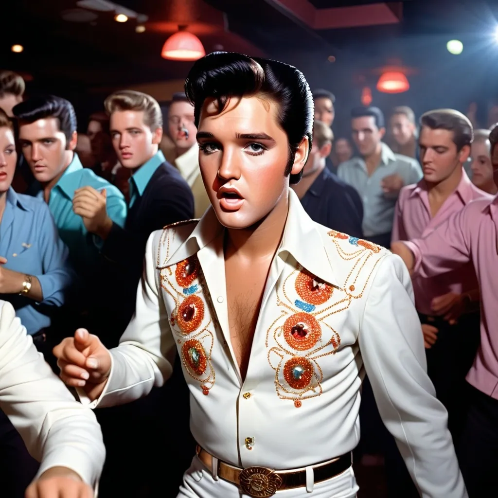 Prompt: Elvis Presley in a busy nightclub doing the shuffle