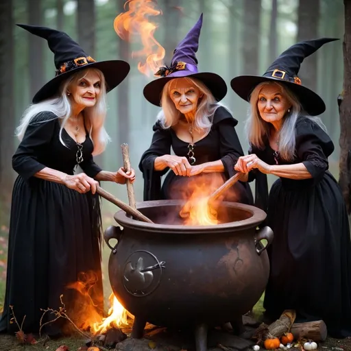 Prompt: old Witches around a cauldron 
