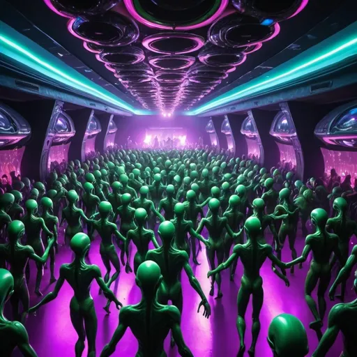 Prompt: 100s of aliens dancing in a packed alilen nightclub. Vibrant lighting