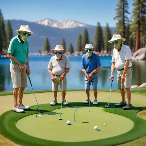 Prompt: realistic senior alien golfers in Lake Tahoe. Putting Green, blue lake