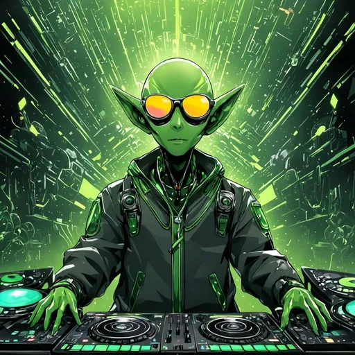 Prompt: anime illustration of an alien DJ, vivid shades of green, intricate alien features with sunglasses, professional DJ setup, anime, sci-fi, sunglasses, futuristic, vivid green, professional, 