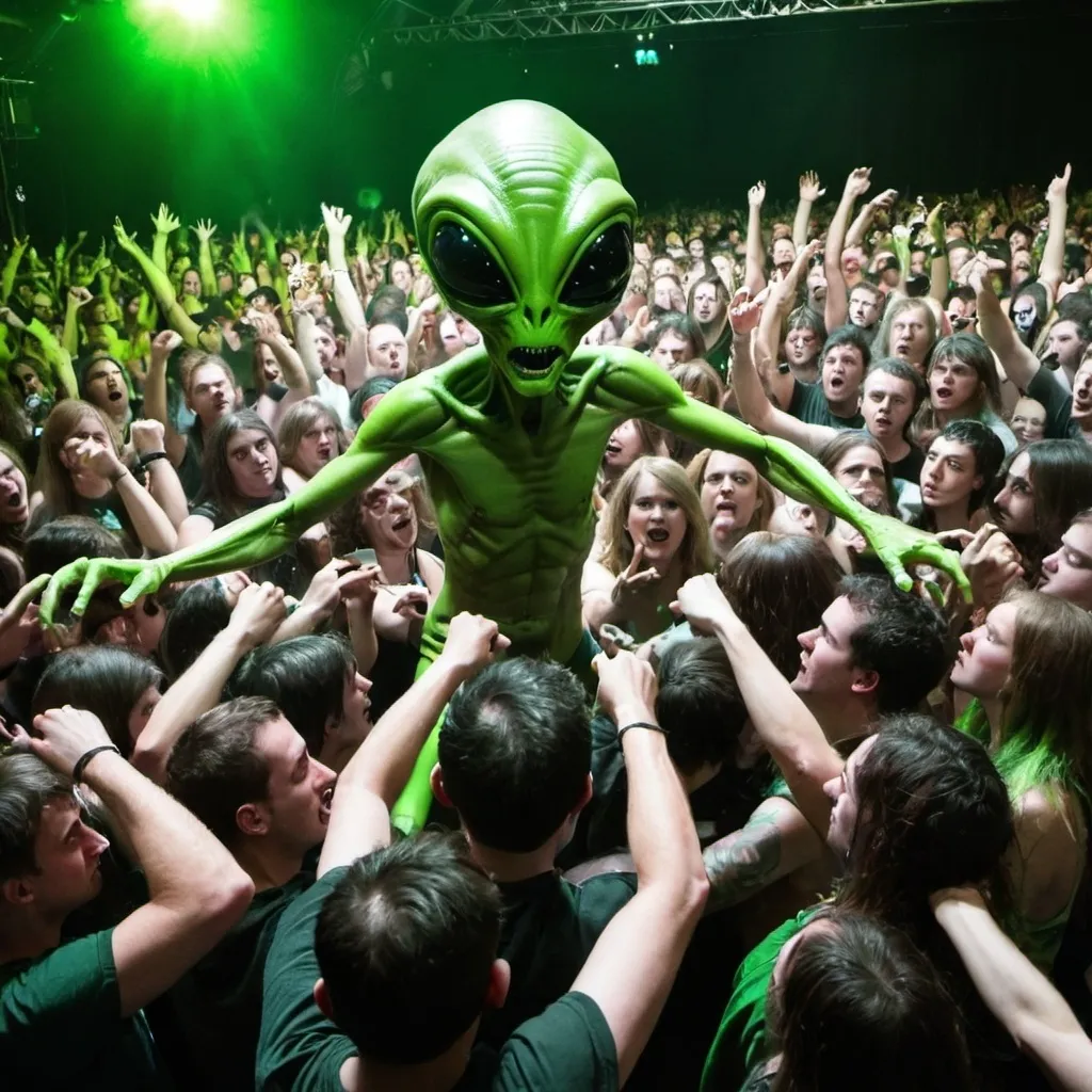 Prompt: green alien concert and mosh pit