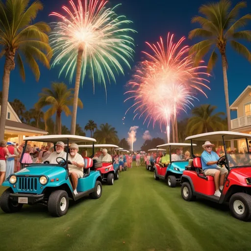 Prompt: 4th of July celebration featuring middle-aged people, dazzling fireworks, lush green grass, towering palm trees, a spread of food, golf carts, and a DJ, all captured in high quality. The scene is festive, vibrant, and colorful with a detailed, vintage-style environment. Warm tones and vibrant colors contribute to a festive and energetic atmosphere. Characters are detailed and dynamic, embodying a traditional American celebration with lively seniors, colorful fireworks, a tropical backdrop, firepit
