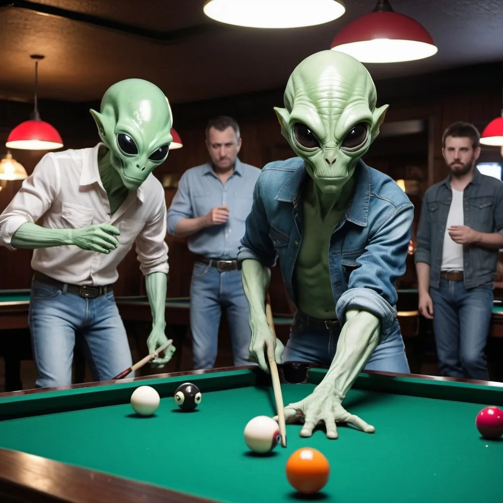 Prompt: entirely green adult alien males in jeans playing billiards