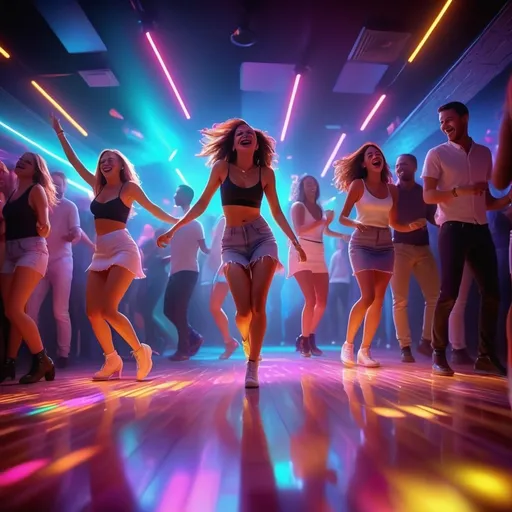 Prompt: (busy nightclub scene), vibrant atmosphere, people dancing energetically, colorful neon lights, reflections on the floor, high energy, laughter and music filling the air, soft glowing edges, depth of field effect, ultra-detailed, 4K quality, joyful ambiance with swirling colors and lively movement.