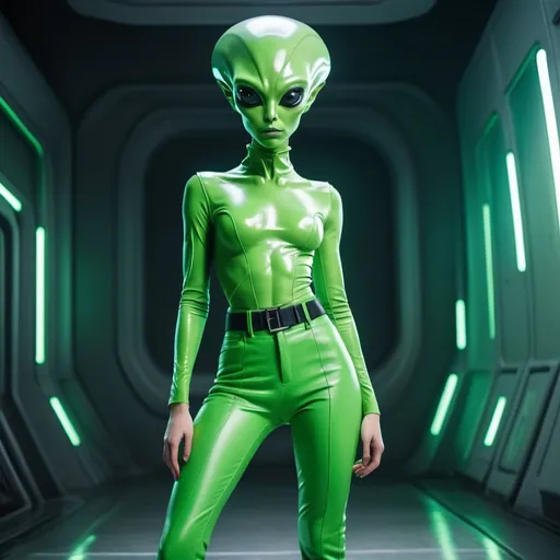 Prompt: entirely green alien female, dressed in high waisted pants and tops, futuristic fashion, 