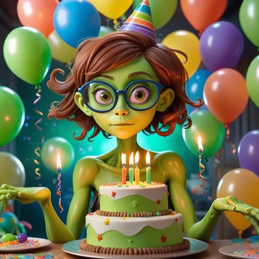 Prompt: cute female green alien, brown hair with glasses celebrating birthday, colorful birthday cake with alien symbols, shiny balloons floating in zero gravity, glowing candles, alien friends joining the celebration, highres, colorful, vibrant, sci-fi, fantasy, zero gravity, detailed facial features, festive atmosphere, atmospheric lighting