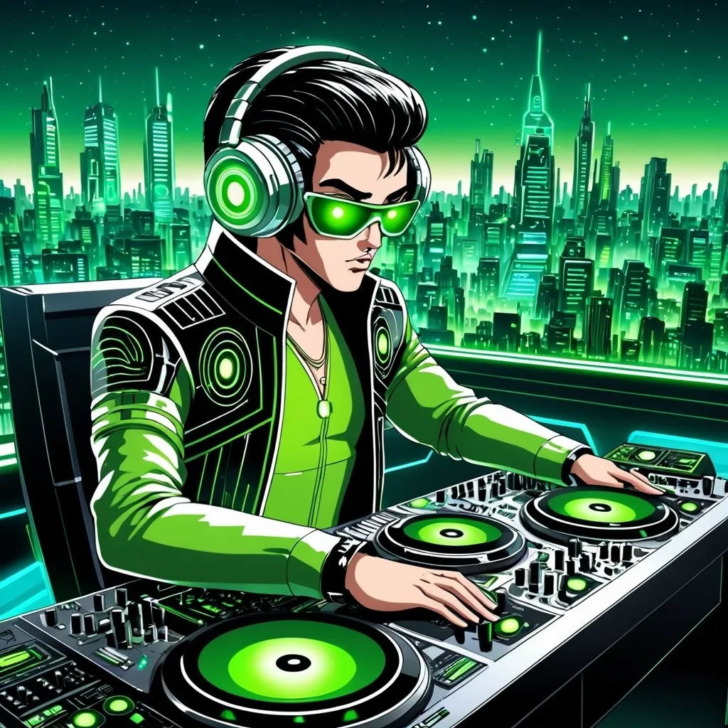 Prompt: Detailed anime illustration of an elvis presley alien DJ, vivid shades of green, futuristic sci-fi setting, intricate alien features with large expressive eyes, professional DJ setup, high-tech equipment, futuristic cityscape in the background, highres, ultra-detailed, anime, sci-fi, detailed eyes, futuristic, confident, vivid green, professional, atmospheric lighting