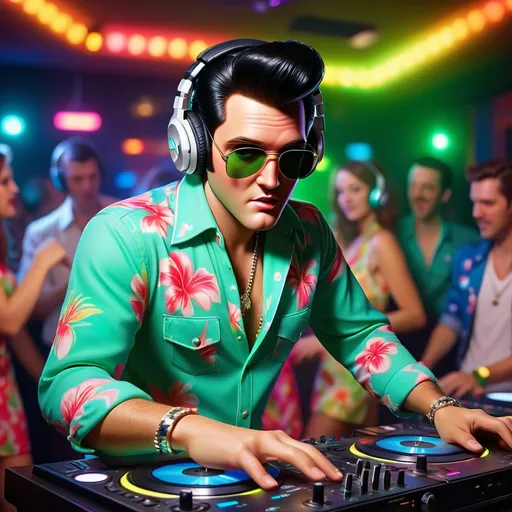 Prompt: DJ resembling Elvis with headphones, wearing dark blue and white Hawaiian shirt (vibrant lights) filling a colorful nightclub, dynamic atmosphere, (retro) disco vibe, colorful dance floor with partygoers, spinning records, neon signs flickering, (high energy), enchanting green hue illuminating the alien’s features, stylish outfit echoing Elvis's iconic look, (ultra-detailed) 4K lighting capturing the essence of a lively night scene.