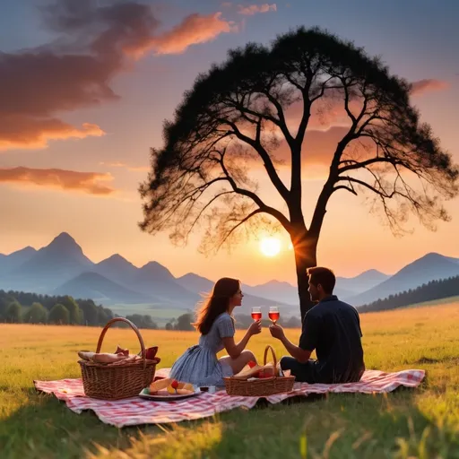 Prompt: couple having picnic, beautiful sunset in the country, silhouette of trees and mountains, 