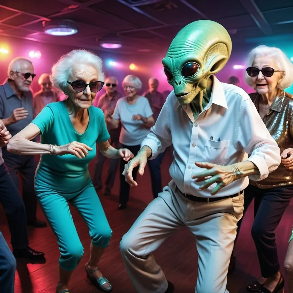 Prompt: hyper-realistic senior citizens at alien disco dance club. Aliens dancing.