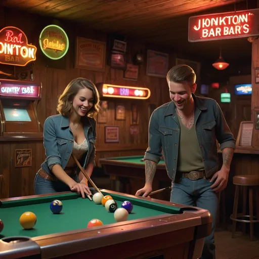 Prompt: Couples playing pool in a country honkytonk bar