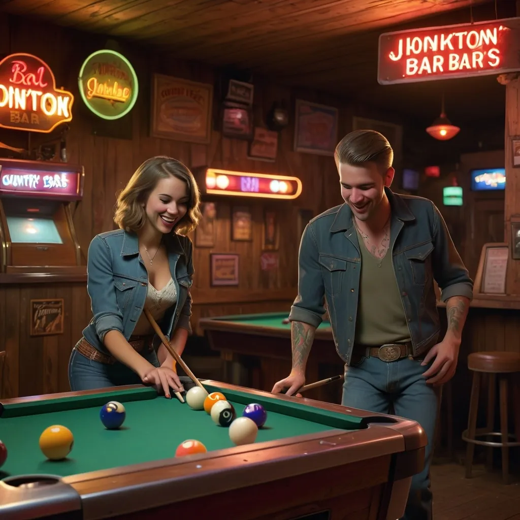 Prompt: Couples playing pool in a country honkytonk bar