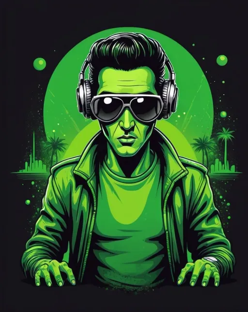 Prompt: streetwear t-shirt design, vector, print on demand, POD, clean background, green Elvis Alien DJ, futuristic background, UFO