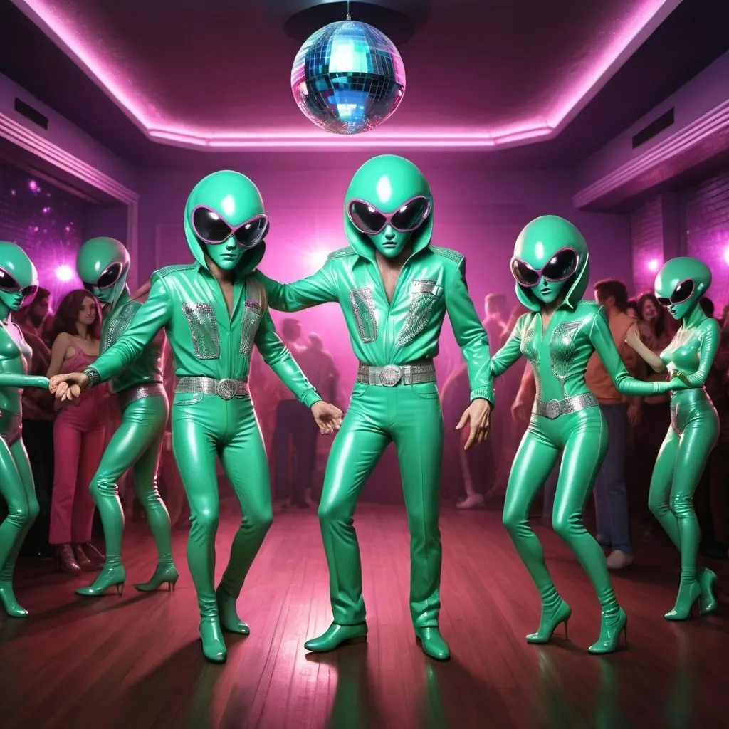 Prompt: hyper-realistic 90s alien disco dance club. Elvis alien. Alien couples. Disco ball. Disco dance clothes