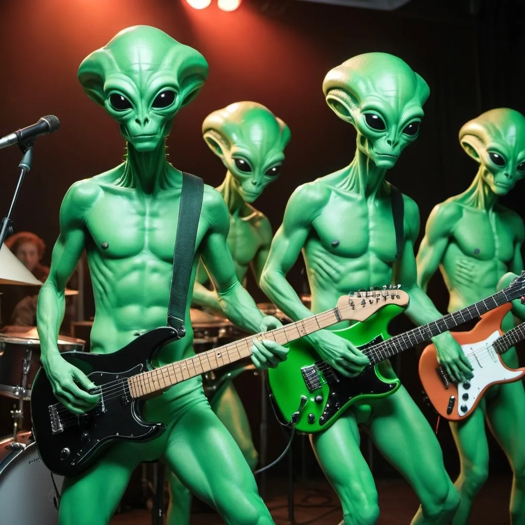 Prompt: entirely green male aliens playing in a band