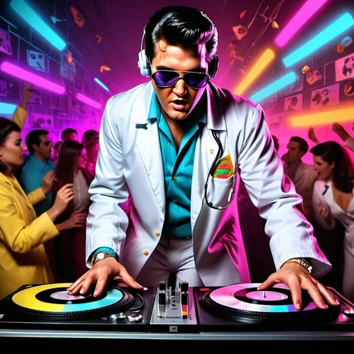 Prompt: (Elvis Presley DJ), wearing a (sunglasses) and (white doctor's lab coat) and (stethoscope), lively disco ambiance, dancing girls, neon lights, vibrant colors, chaotically dancing crowd, energetic atmosphere, vintage vinyl records spinning, (eye-catching) DJ booth, smoky backdrop, high detail, ultra-detailed, 4K resolution, captivating nightlife scene, playful yet glamorous, a mix of retro and modern vibes.