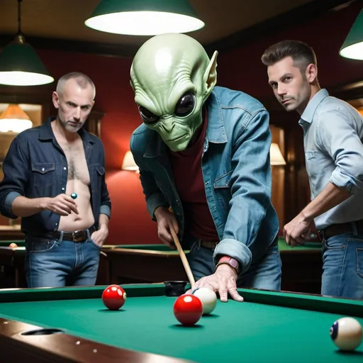 Prompt: entirely green adult alien males in jeans playing billiards