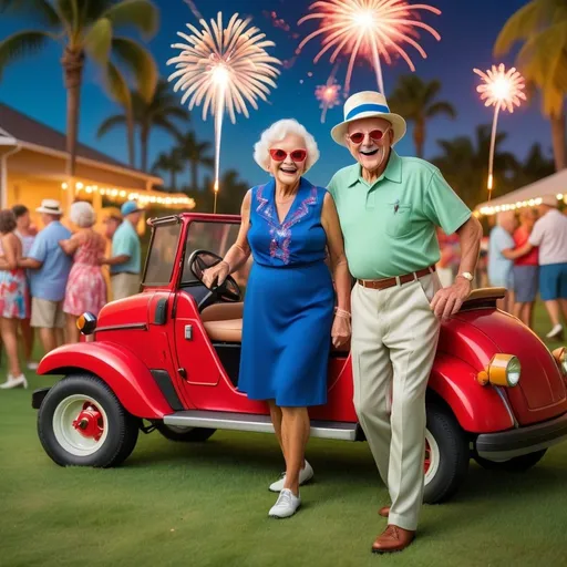 Prompt: A 4th of July celebration featuring dancing seniors, dazzling fireworks, lush green grass, towering palm trees, a spread of food, cruising golf carts, and a DJ, all captured in high quality. The scene is festive, vibrant, and colorful with a detailed, vintage-style environment. Warm tones and vibrant colors contribute to a festive and energetic atmosphere. Characters are detailed and dynamic, embodying a traditional American celebration with lively seniors, colorful fireworks, a tropical backdrop, a delicious BBQ spread, and retro vibes, all under professional lighting.