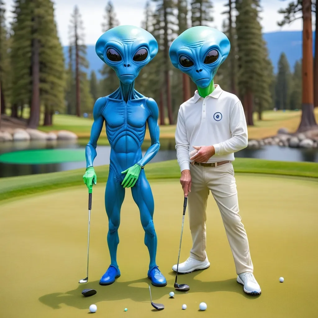 Prompt: Alien Brian and Alien Dave golfing in Lake Tahoe, putting green, blue lake