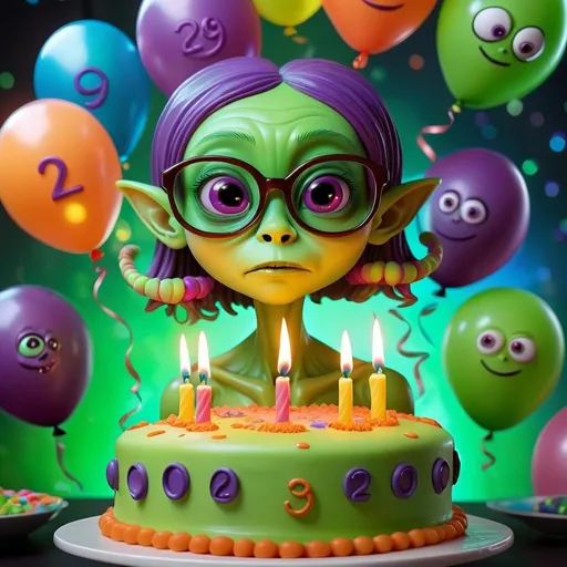 Prompt: cute female green alien with glasses celebrating 29th birthday, colorful birthday cake with alien symbols, shiny balloons floating in zero gravity, glowing candles, alien friends joining the celebration, highres, colorful, vibrant, sci-fi, fantasy, zero gravity, detailed facial features, festive atmosphere, atmospheric lighting