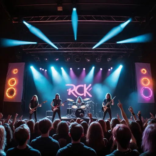 Prompt: Alternative rock concert, band on stage, brightly lighted stage, large audience with rock on hand symbols