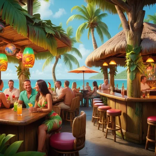 Prompt: cocktails in a tiki bar next to the ocean, tropical atmosphere, trees, parrots, restaurant background with dining customers sitting at tables, vibrant colors, warm lighting, relaxed and cheerful mood, detailed ocean waves, lush green foliage, tropical plants, tiki decor elements, ultra-detailed, high resolution, 4K, photorealistic, cinematic depth, lively and inviting environment.