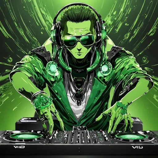 Prompt: anime illustration of an green Elvis alien DJ, vivid shades of green, intricate alien features with sunglasses, professional DJ setup, anime, sci-fi, futuristic, vivid green, professional, no background