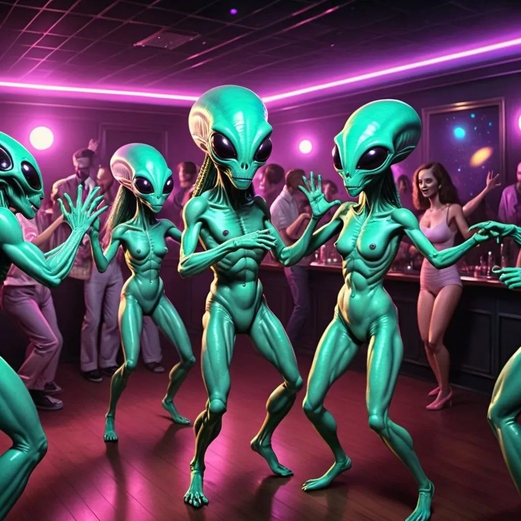 Prompt: hyper-realistic old school 90s alien disco dance club. Aliens dancing.