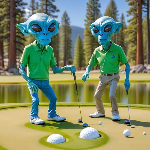 Prompt: two old alien golfers at Edgewood Lake Tahoe, putting green, blue lake