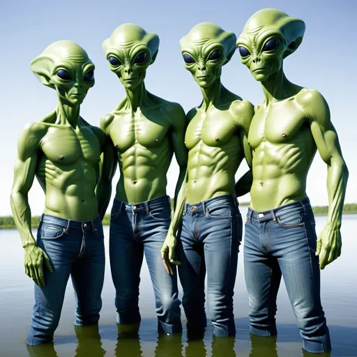 Prompt: entirely green male aliens in jeans fishing